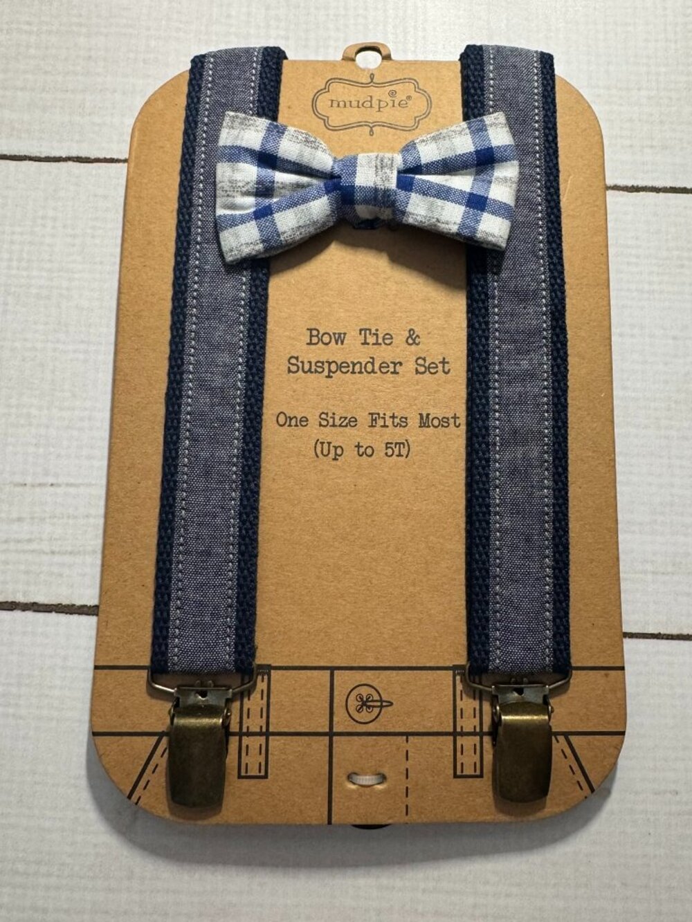 Mud Pie Blue Plaid Bow Tie and Chambray Suspender Set Toddler Boys up to 5T